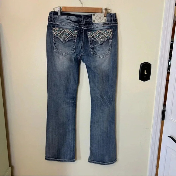 Miss Me Signature Bootcut Jeans Turquoise and Pink Embroidered Pockets with Rine - Picture 5 of 14